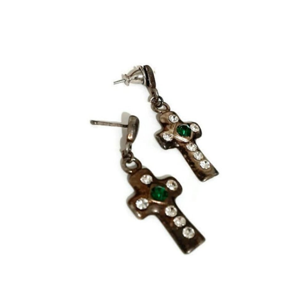 Vintage Silver Dangle Drop Cross And Green Stone Earrings - Gothic Rock And Roll